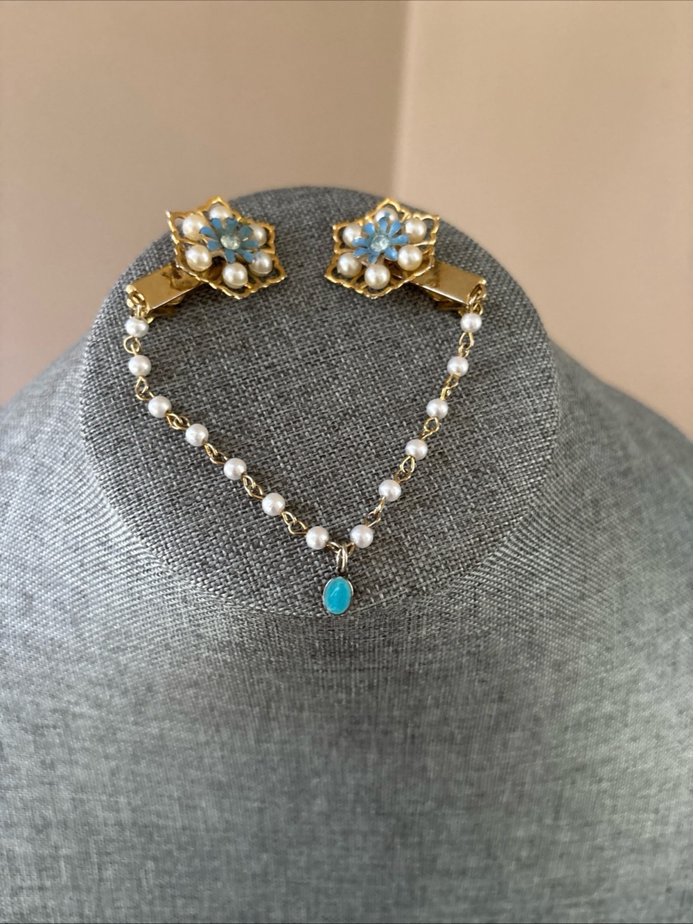 Vintage Gold and Pearl Sweater Guard with Blue Accent and Blessed Mother Charm